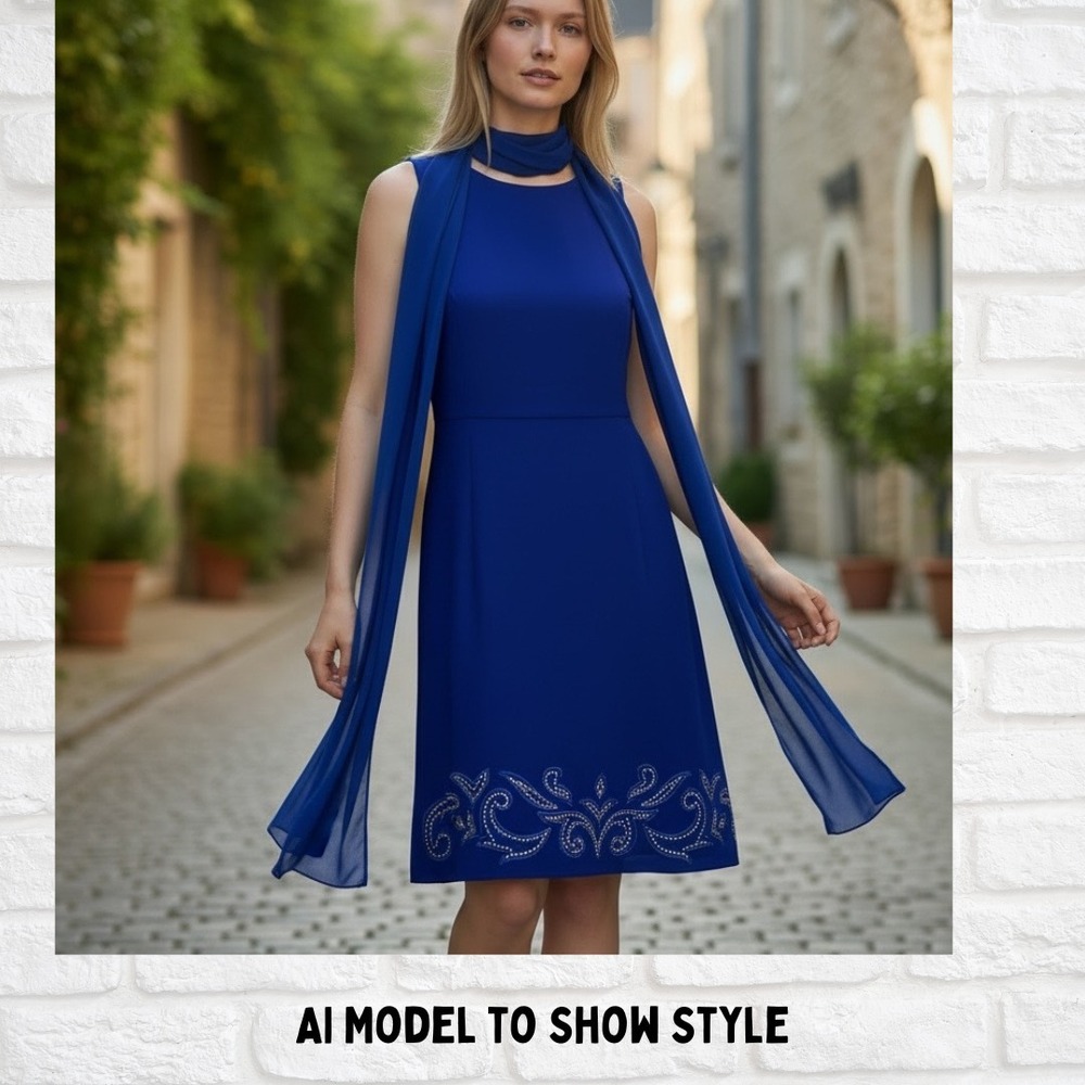 Royal Blue Rhinestone Shift Dress Matching Scarf Formal Evening Party Coctail